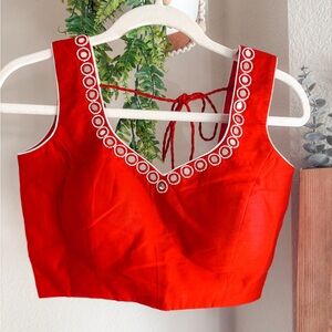 Red Embellished real mirror Crop Blouse with Tie back Size Medium